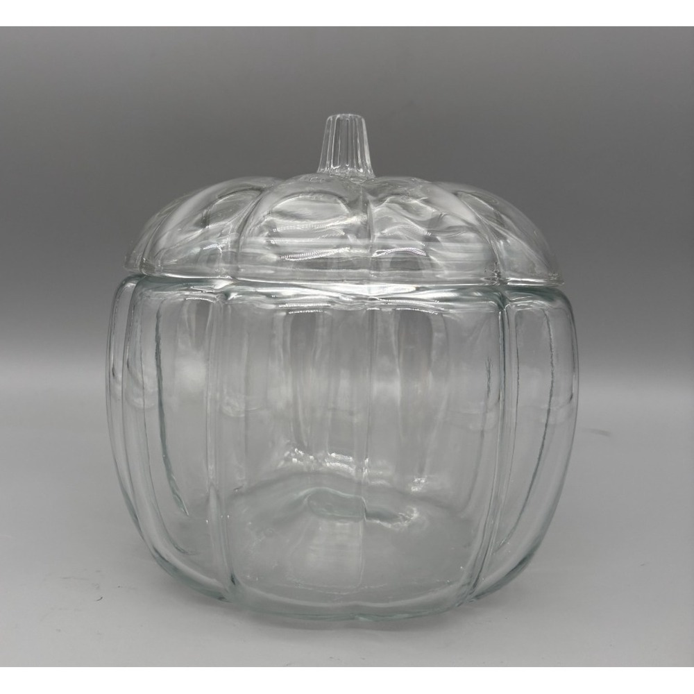 Vtg Clear Glass Pumpkin Jar w/ Lid 7.5" Tall Container Home Decor Halloween Fall